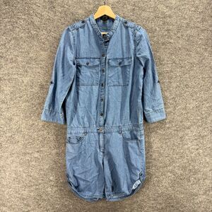 Spoon Jumpsuit Women 9 Blue Denim Medium Wash Button 3/4 Sleeve Pockets Casual